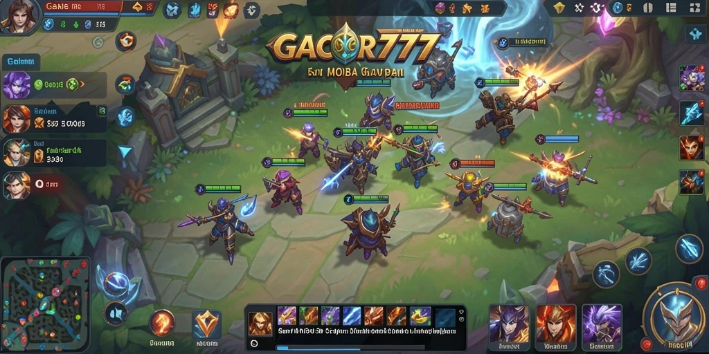 Screenshot GACOR777 menampilkan aksi intens dalam pertempuran MOBA.