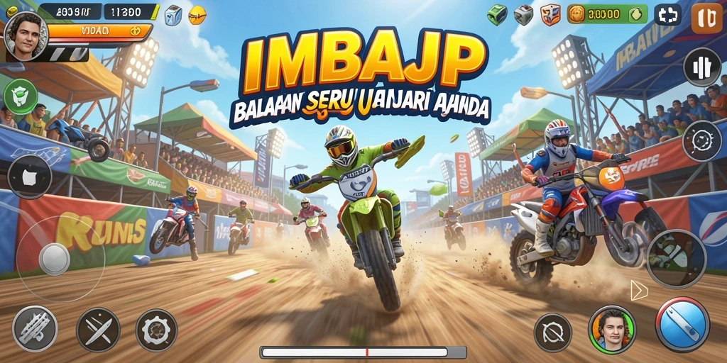 Screenshot gameplay IMBAJP yang menampilkan balapan mendebarkan.