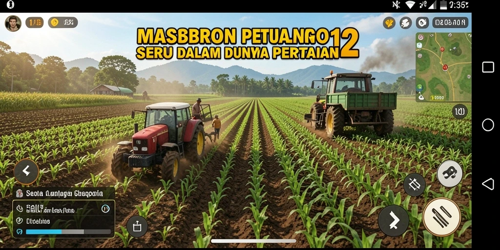 Screenshot gameplay utama MASBRO12 menunjukkan aktivitas bertani yang seru.