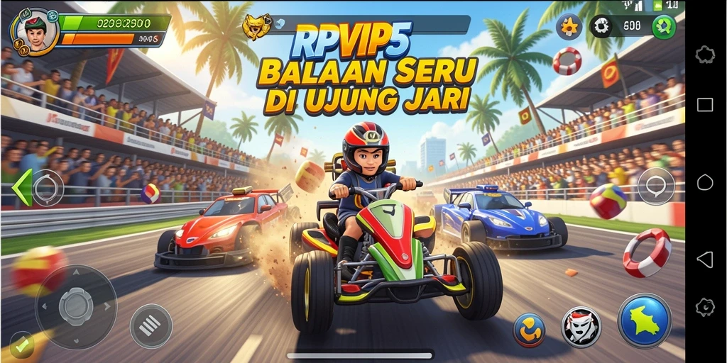 Screenshot gameplay RPVIP5 dengan mobil balap di trek menantang.