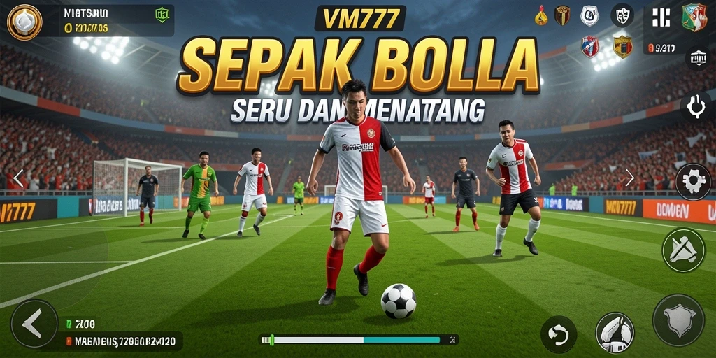 Screenshot gameplay VM777 menampilkan aksi dribbles dan tendangan bebas.