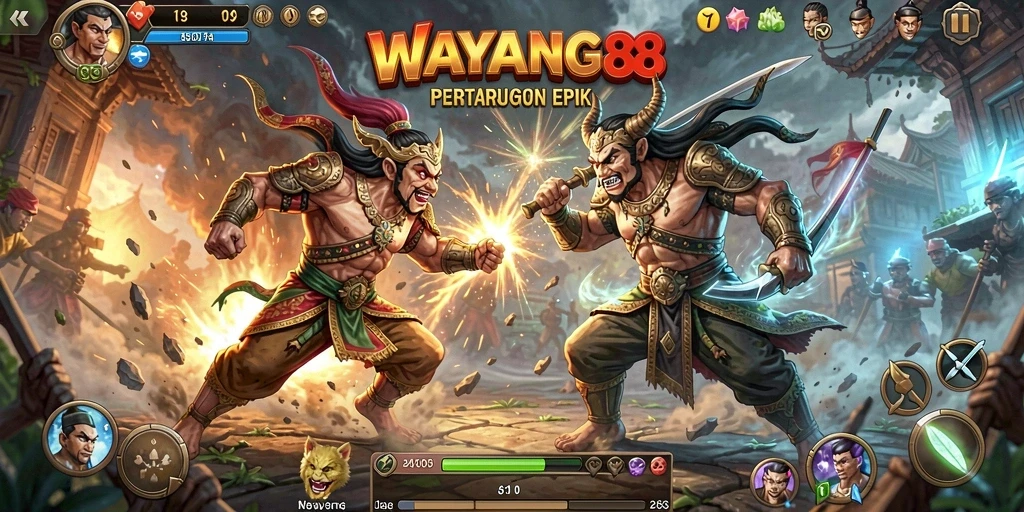 Screenshot WAYANG88 menunjukkan pertarungan seru antara karakter wayang.